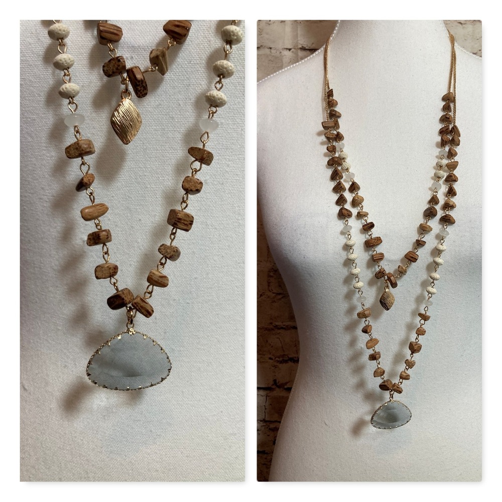 Statement Layered Bead Necklace Wood‎ Grain Gray Glass Geode Druzy Pendant 36in